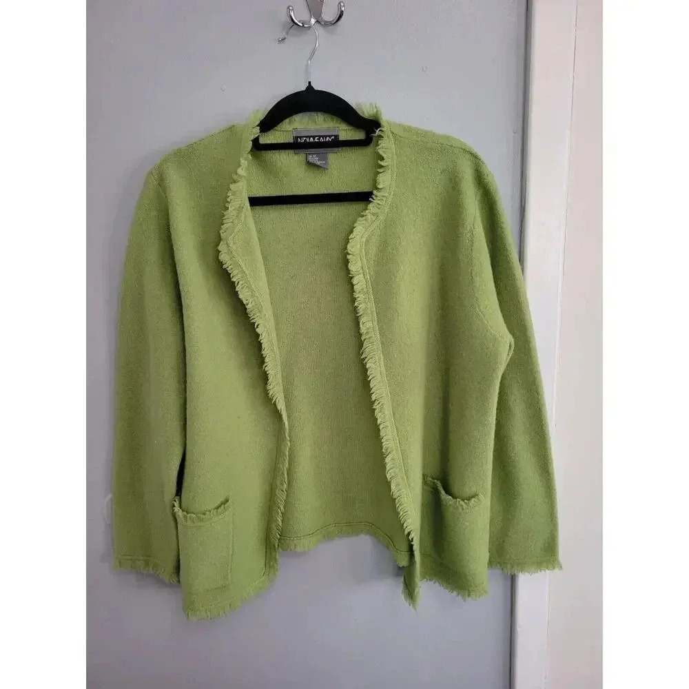 NOUVEAUX Women's Open Front 100% Wool Cardigan Sweater - Green - Med Y2K 60's